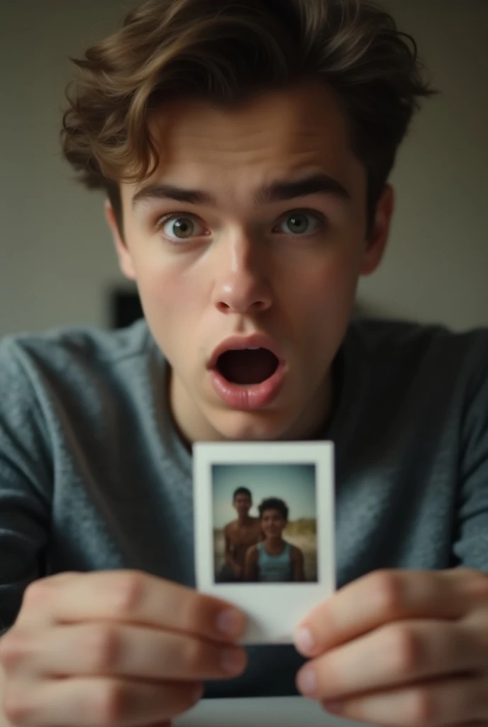  Young man in a room reviewing the drawers finds a polaroid photo of him and his friend. Look at the surprised photo 