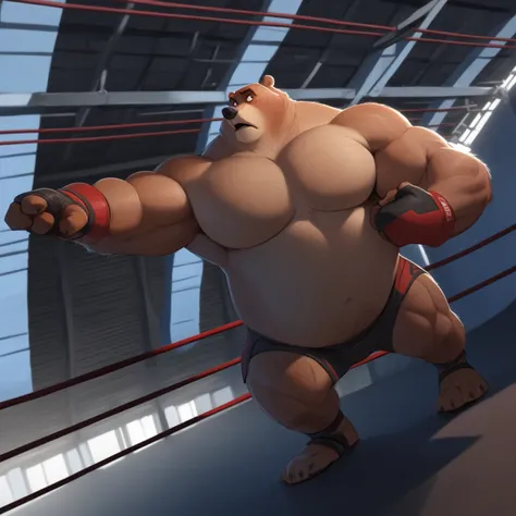 Solo, 1boy, Muscular Old, angry, focus, look at viewer, wide shoulder, pectoral, thick arms, huge pectoral, wide pectoral, a Kodiak brown bear in an MMA shorts with red slits wearing an MMA gloves with red knuckle pads and an ankle support brace as he work...