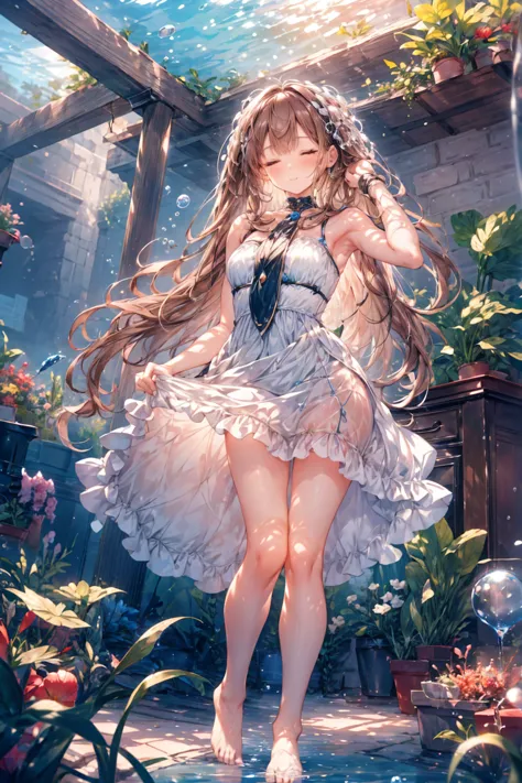 an artwork of a woman in white skirt and flowing white hair under water, 1 girl, skirt, underwater,  unique, long hair, with eye...