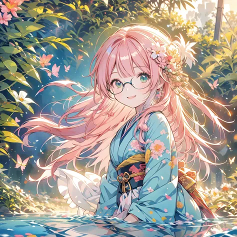 ultra-fine,masterpiece,  awards ,best quality,1 person,cute ,kimono,   girl, straight hair ,   pink hair,long hair,round glasses...