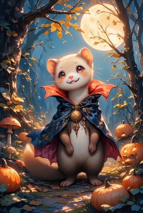  Imagine a playful, yet slightly mysterious setting deep within a storybook forest, where a charmingly cute ferret makes an appearance. This ferret, with its sleek, silky fur that glows softly under the moonlight, is donned in a vampire cape, the fabric sh...