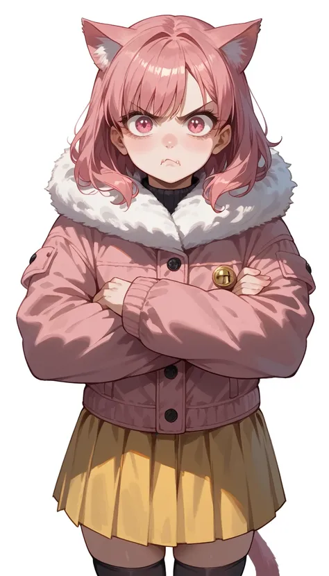 1girl, solo, close-up, pink eye, large eye, pale skin, pink hair, medium hair, cat ears, cat tail, pink winter jacket, yellow skirt, long black socks, brown winter boots, angry expression with puffy cheeks, arms crossed, white background
