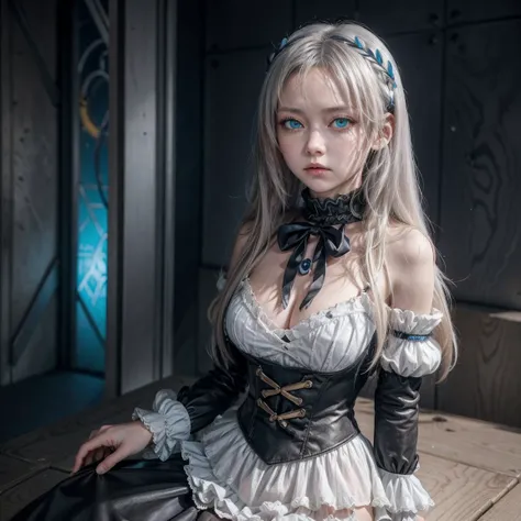 A Alya do anime:Somentimes Hides  Her Feelings In Russian,Dressed as a sucubus with long white hair,dominatrix clothing,bright blue eyes,. 