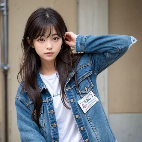  1 girl, solo, Long Hair, Brown Hair, Black Hair, mixes
open denim jacket 、 ナイキtシャツ
薄い色の青色のデニム 1 girl, 