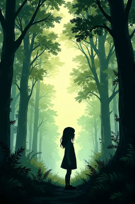 The silhouette of a girl in a forest