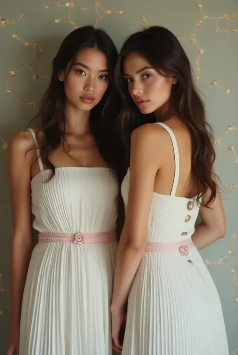 twin sisters. white pleated mini dress, pink belt. identical women. gemini symbol on the wall. sensuality, feminine beauty.