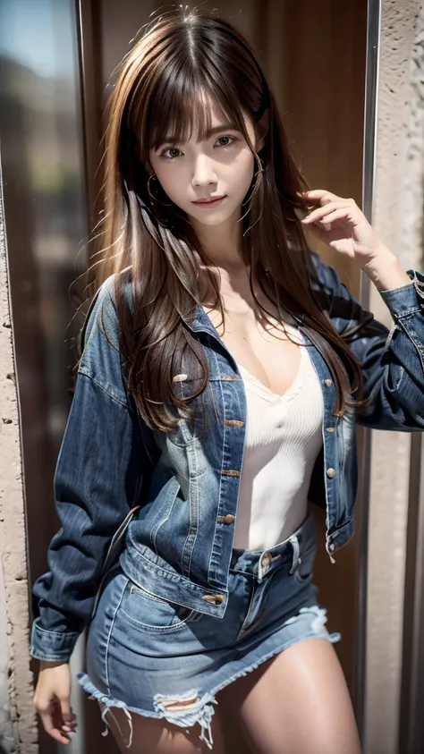  1 girl, solo, Long Hair, Brown Hair, Black Hair, mixes
open denim jacket 、 ナイキtシャツ
薄い色の青色のデニム 1 girl, 