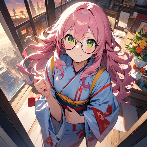 ultra-fine,masterpiece,  awards ,best quality,1 person,cute ,kimono, girl, spiral hair ,   pink hair,long hair,round glasses,cle...