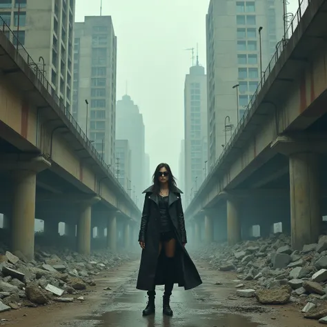 A destroyed white concrete overpass in the center of a post-apocalyptic city with many buildings, steampunk, dramatic art, dieselpunk art style, apocalyptic Road Warrior atmosphere, a large, black laser coat, a girl wearing sunglasses stands in the center ...