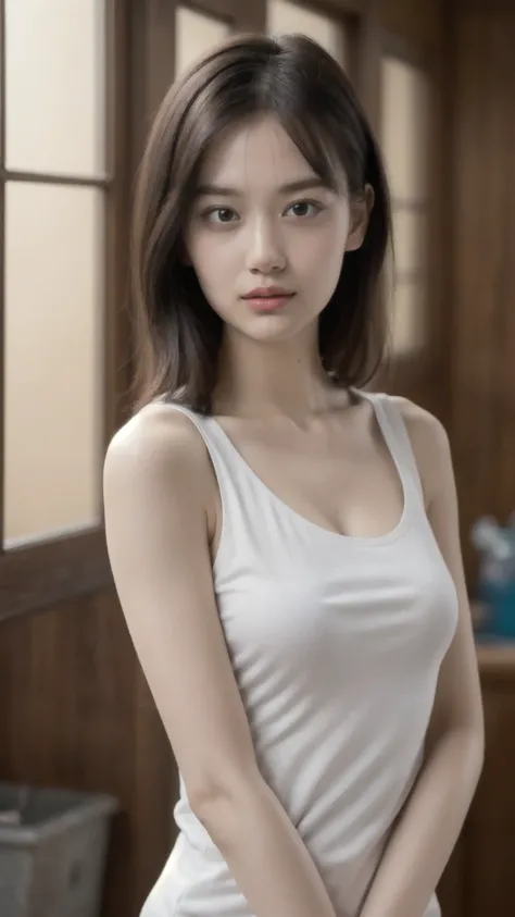 Best Quality,Masterpiece,Ultra High Resolution,(Realisticity:1.4),Original Photo,Cinematic Lighting,1Girl,backlighting,ocean,tight breast:1.5, wearing knit strap tank top, Highest quality, 8k wallpaper, Very detailed, Ultra-realistic, Sharp focus, (High re...