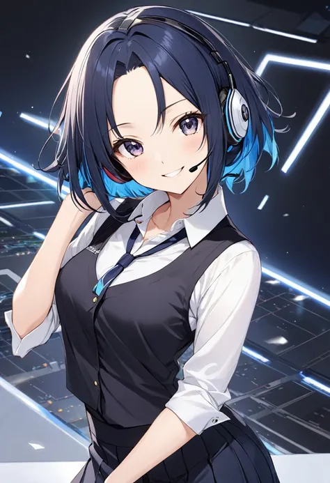  Group 6 Operator "Azumino･Rokka"(Azumino ･Ricca) ,  wearing a business shirt and dark blue tight skirt ,  headset, Smiling girl with black deco bob hair and her forehead sticking out on one side