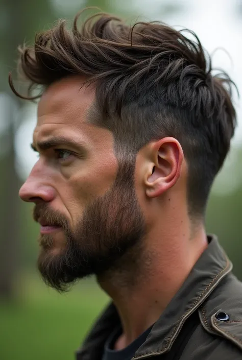  Detailed portrait of a man with Rick Grimes signature hairstyle from The Walking Dead.  The hair is slightly curled and messy ,  with a moderate length at the top , cropped but not too short sides ,  and a length that allows the back to look fluffy .  The...