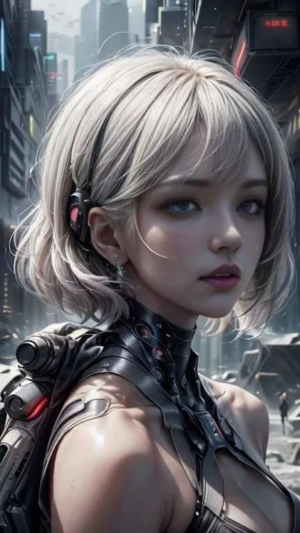 1 girl, solo, {beautiful and detailed eyes}, calm expression, hair by the breeze, delicate facial features, Blunt bangs, beautiful Korean girl, eye smile, very small earrings,(white short hair:1.3),(futuristic cyber city, portrayed through the face of a cy...