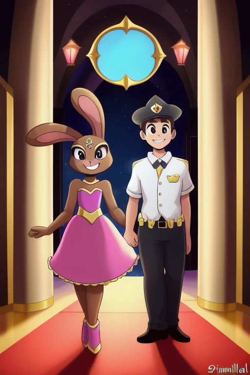 mimirol 　 pokémon, rabbit girl, s,entrance background, princess dress,smile,human male,cop masquerade