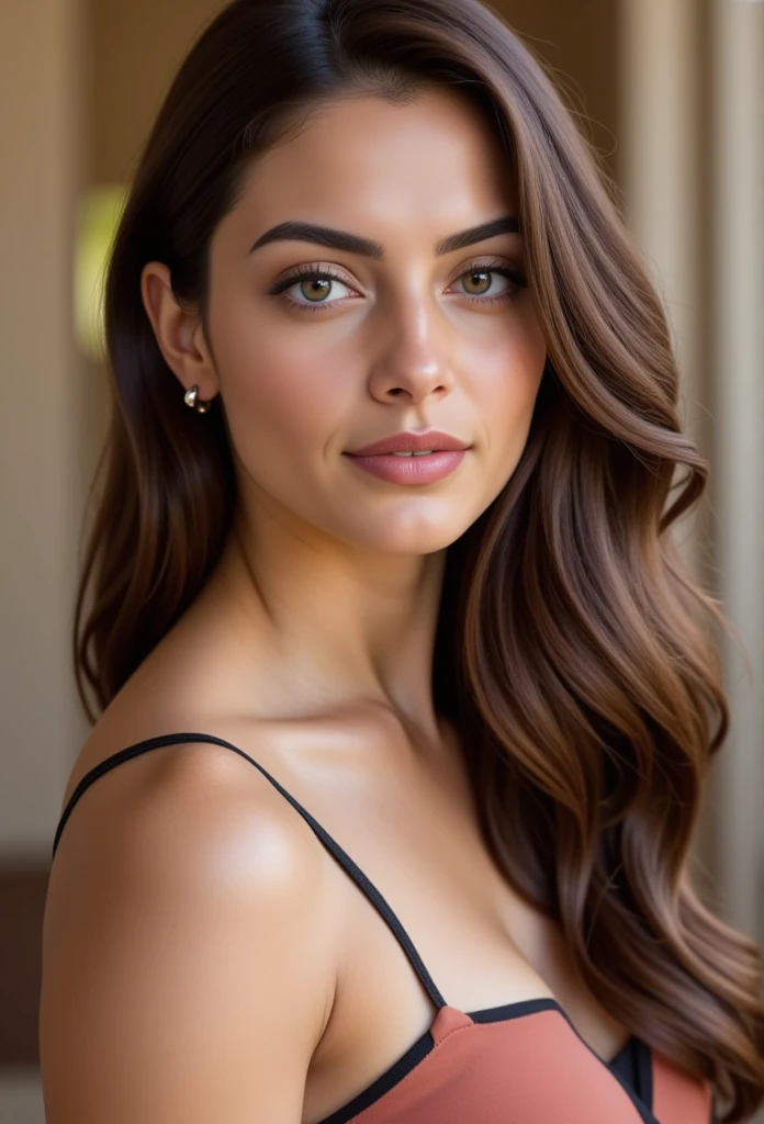 portrait of herra, a captivating 23-year-old argentine woman with long, wavy brown hair, embodying natural beauty and quiet conf...