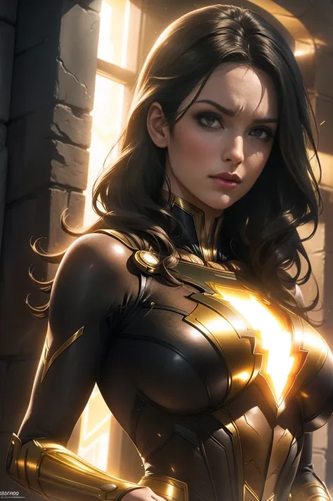 mary marvel, (masterpiece, 4k resolution, ultra-realistic,  very detailed )  (dc comics),  big boobs, glistening skin, ,  natura...