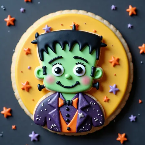 (masterpiece, best quality:1.2),halloween icing cookie,frankenstein, icon,star,moon,halloween background,pop,cute