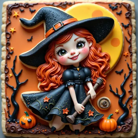 (masterpiece, best quality:1.2), icing cookie, halloween, witch girl caricature, icon,star,moon,halloween background,pop,cute