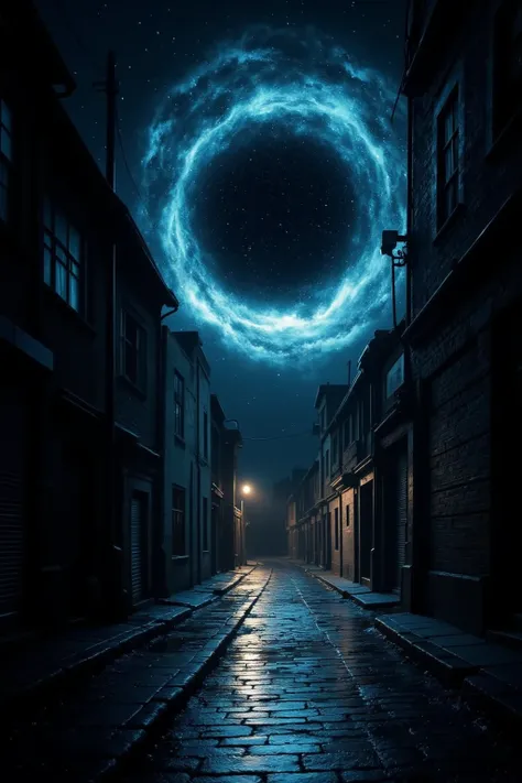 a breathtaking view of a supermassive black hole at the center of a dark alley, with swirling cosmic gases and stars being drawn...