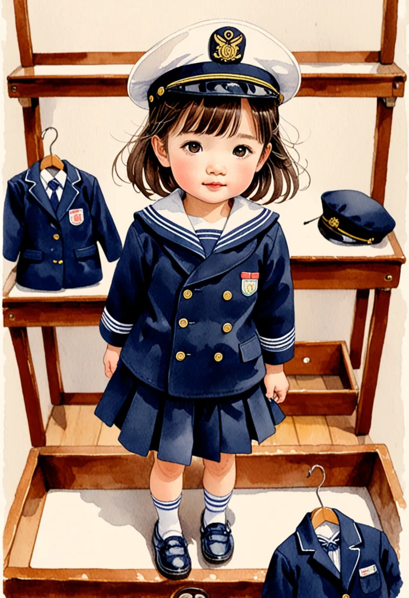 hand-drawn watercolor illustration, japanese elementary school students, navy blue sailor suit, 6yo, cute, cute, simple, pencil ...