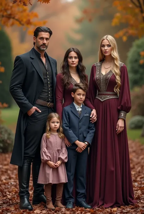 Photo-realism, family portrait for a fantasy romance novel with the title words “Beneath the Kingdom’s Shadow”: In a utopian sci-fi fantasy world, Prince Devon, age 36, brown clean cut hair, stern expression wearing a dark regal jacket and matching pants, ...