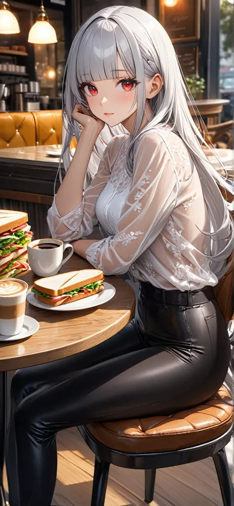 Ultra high resolution, rich colors, perfect image, best quality, detailed image, beautiful woman, glowing skin, texture of skin and clothes, delicate eyes, cafe, sitting in chair, table, coffee, sandwich, sheer shirt, underwear, tight pants, (((silver hair...