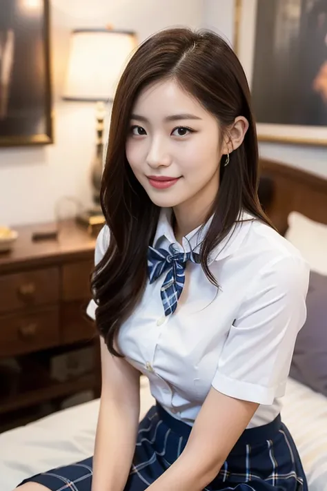 (A stunning Korean lady at night, sitting in bedroom, wearing a traditional Serafuku, High-school uniform, JK uniform, white button-down blouse, translucent short sleeves, plaid skirt, red bow-tie, 

Smooth complexion, beautiful detailed face, beautiful de...