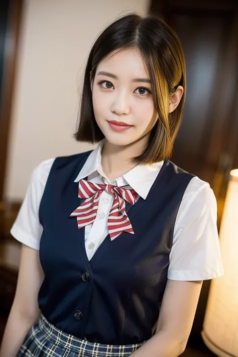 (A stunning Korean lady at night, sitting in dimly-lit bedroom, wearing a traditional Serafuku, High-school uniform, JK uniform, white button-down blouse, translucent short sleeves, plaid skirt, red bow-tie, 

Smooth complexion, beautiful detailed face, be...