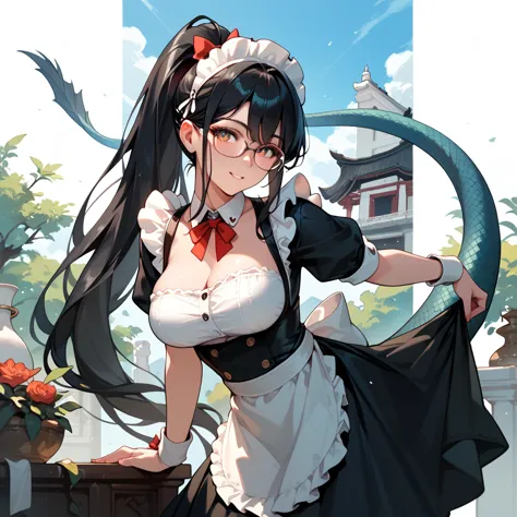 black hair,  long hair, ponytail,glasses,scale,wing,tail,lizard, big breasts at the temple, maid clothes,square.squirt