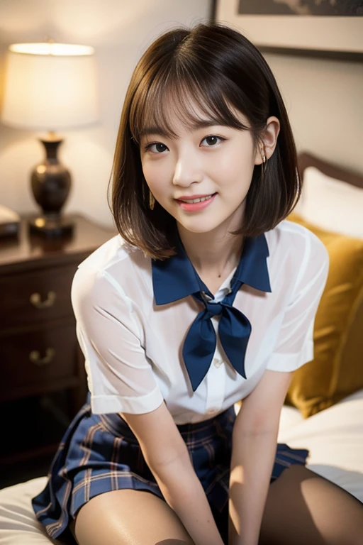 (a stunning korean lady at night, sitting in dimly-lit bedroom, wearing a traditional serafuku, high-school uniform, jk uniform,...