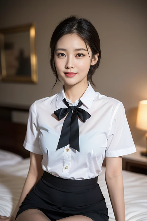 (A stunning Korean lady at night, sitting in dimly-lit bedroom, wearing a traditional Serafuku, High-school uniform, JK uniform, white button-down blouse, translucent short sleeves, plaid skirt, red bow-tie, 

Smooth complexion, beautiful detailed face, be...