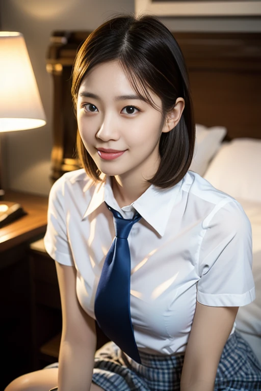 (A stunning Korean lady at night, sitting in dimly-lit bedroom, wearing a traditional Serafuku, Seifuku,  High-school uniform, JK uniform, white button-down blouse, translucent short sleeves, plaid skirt, red bow-tie, 

Smooth complexion, beautiful detaile...