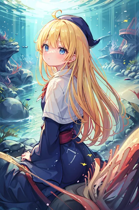 (8k,  super quality, masterpiece:1.2),  ultra high resolution, cute,  girl, solo, whole body, Puyo Puyos witch, Blonde, Blue Eyes , blue headwear ,  blue based robe,  red ribbon, White capelet, Ahoge,  long skirt, In the sea, In the water, fish, hovering ,...