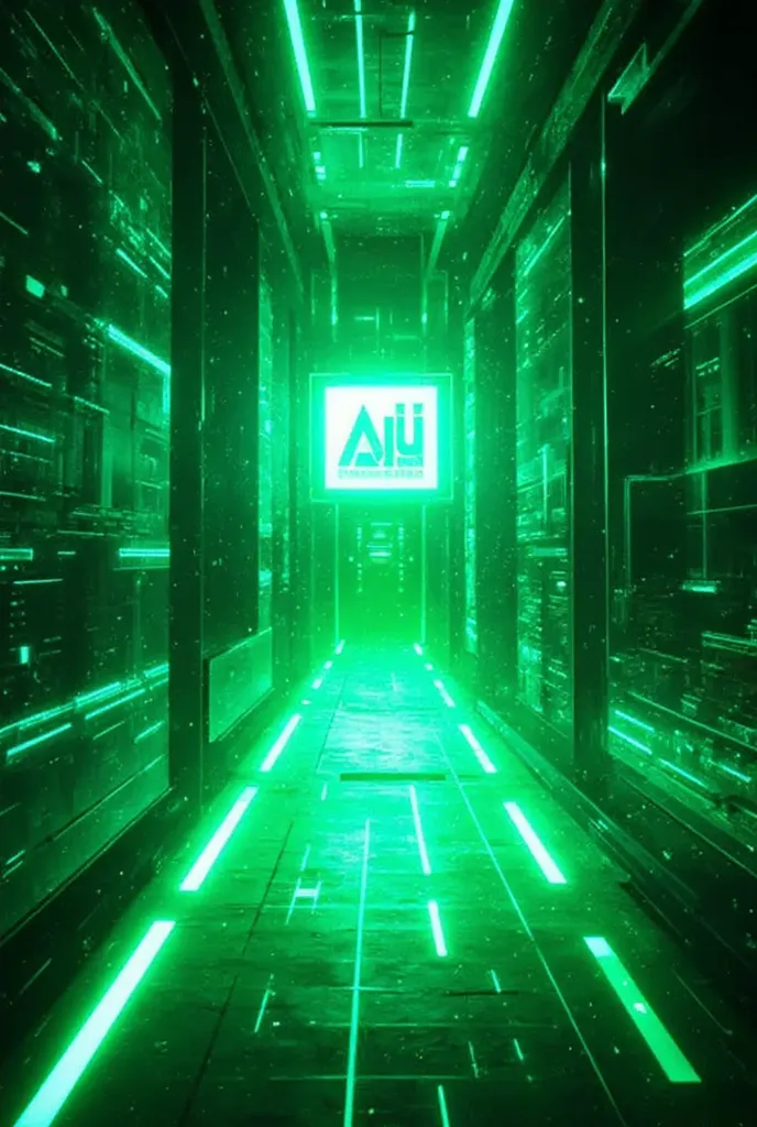 (3d hologram ),( green square line floor:2.0),(cyberpunk:2.0),(future:2.0),,("aiu" hologram logo),(square line wall :2.0)、a cybe...