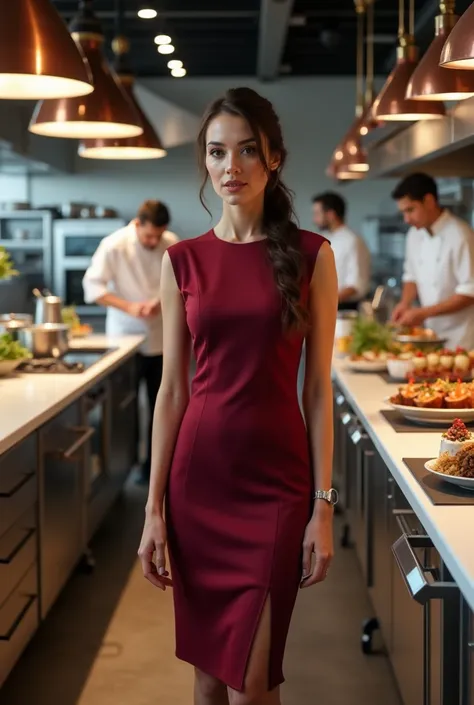 A female boss in a dress is watching chefs cook food
