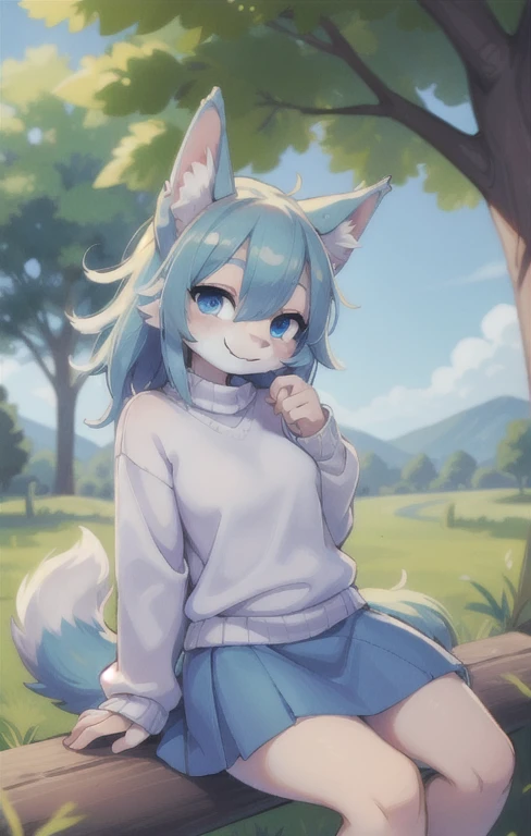 wolf girl, blue and white fur ,  s,smile, tail,  blue eyes , white sweater and blue skirt,the background is under a tree