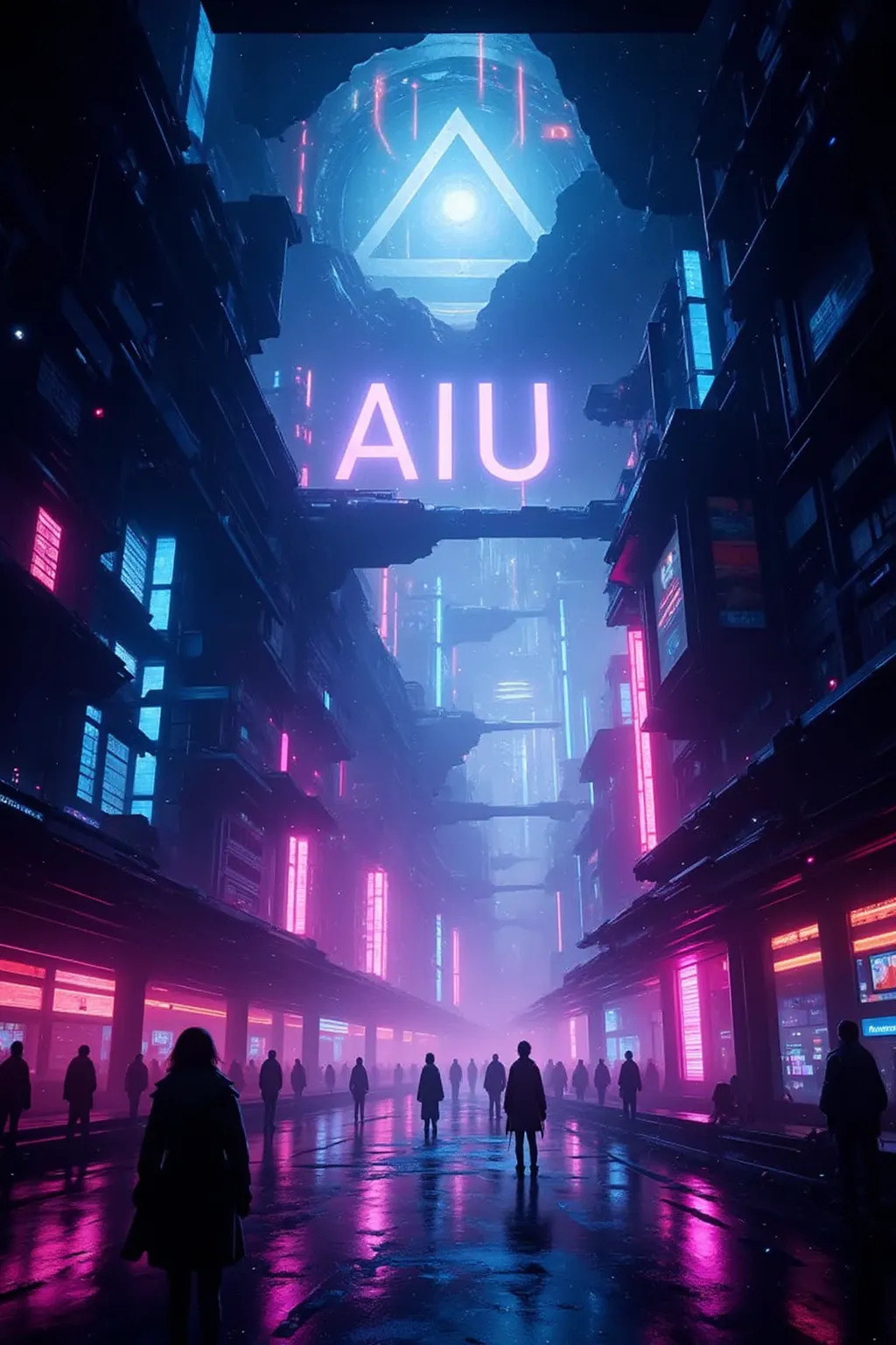 A realistic 3D hologram of a cyber world, featuring intricate alleyways filled with neon lights and futuristic architecture, showcasing advanced technology and a vibrant atmosphere, with a focus on depth and detail,(3D hologram),(future),("AIU" hologram logo),masterpiece,best quality,ultra detailed,8k portrait,unity 8k wallpaper,super fine illustration,very detailed background,highly detailed background