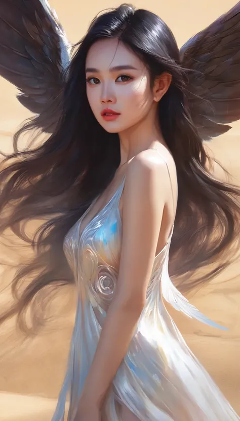 woman with wings and a dress is standing in the sand, a detailed painting by Ross Tran, trending on Artstation, fantasy art, artgerm greg rutkowski _ greg, greg rutkowski and artgerm, angelariumความละเอียดสูง, 