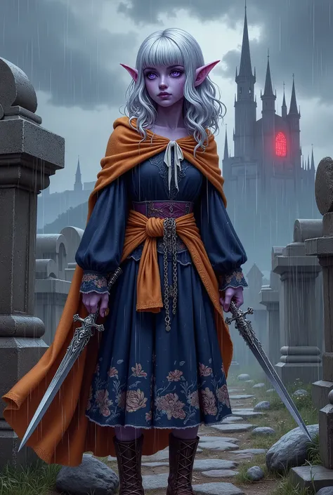 (ultra-detailed face, looking away, fantasy illustration with gothic, dark tone colors.), break 
(a female dark elf vampire hunt...