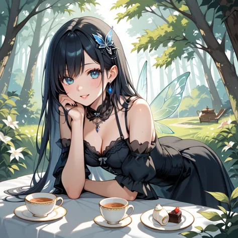 fairy, long hair, gothic dress ,afternoon tea,tea party,in the forest, fantasy