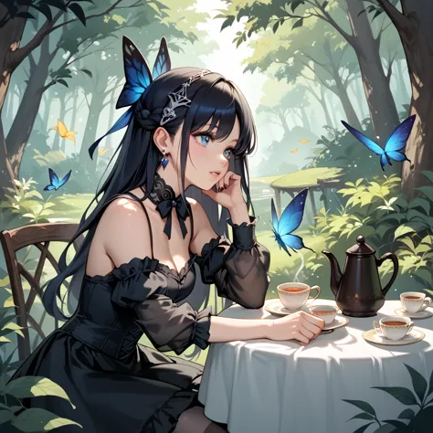 Fairy, long hair, gothic dress ,Afternoon Tea,Tea Party,In the forest, Fantasy