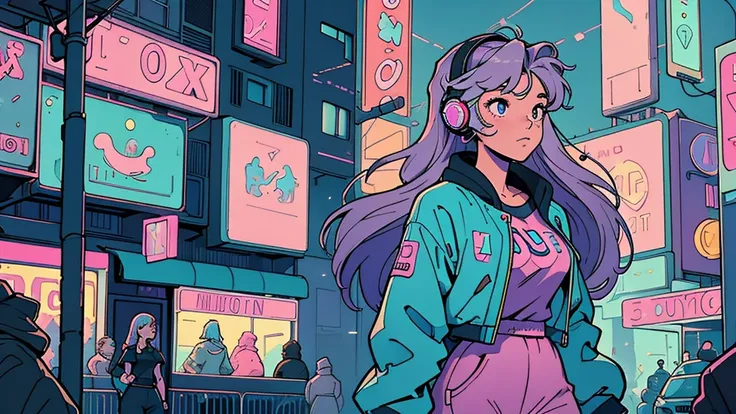 A captivating scene of 1 girl walking through a vibrant city at night, depicted as a young woman with long, flowing hair in soft pastel colors. She wears comfortable, stylish loungewear that reflects an 80s aesthetic, with city lights casting a warm glow a...