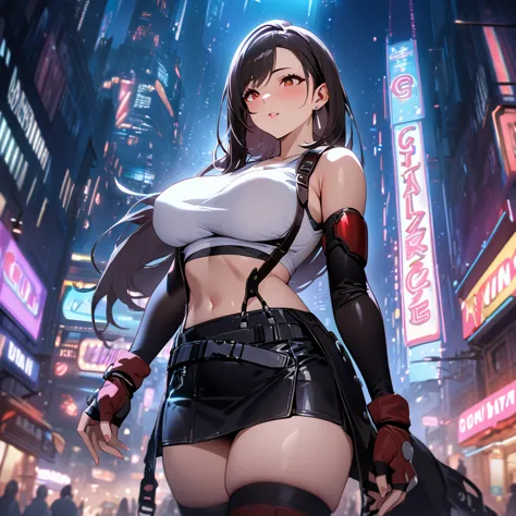 Highest quality、Best Quality、 masterpiece、Neon city at night、Detailed cityscape、Mysterious night view、Tifa Lockhart、