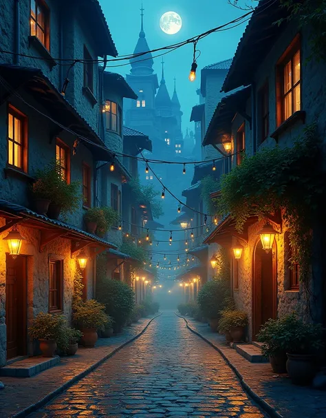 alley, picture of alley with many lights, city like illustration in a storybook, fantasy steampunk city, fantastic lighting, breathtaking, night, moonlight, beautiful lighting, fairy tale environment, fantastic colors and vibes, matte painting