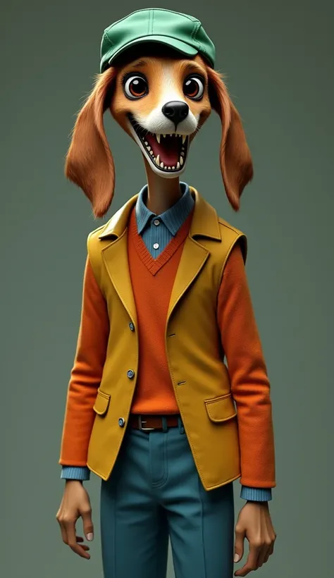  A slender man fused with a Coonhound dog ,  wearing a green cap , blue pants, orange sweater, BIG SHOES,  and a yellow vest with two large teeth coming out of his mouth (la mejor calidad,4k,8K,highres, masterpiece :1.2), ultra-detailed ,(realistic,photore...