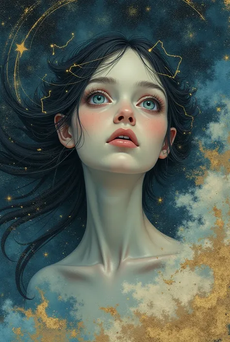 a girl in the night sky, long flowing hair, large gray-blue eyes, detailed face, pale long face, glitter and sparkles, thin lips, grunge, loose brushstrokes, drawn with gold liner, splashes, drips, acrylic, ink, golden flecks, vintage fashion, low angle vi...