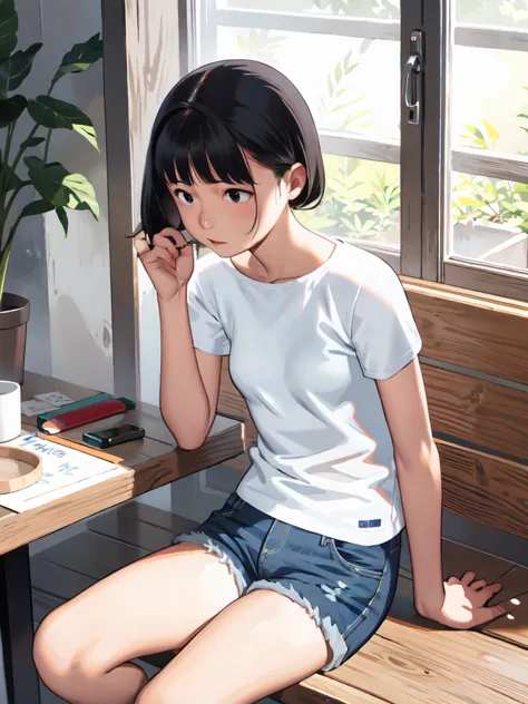 nsfw、white t-shirt、short denim hot pants、sit down scratching hu、