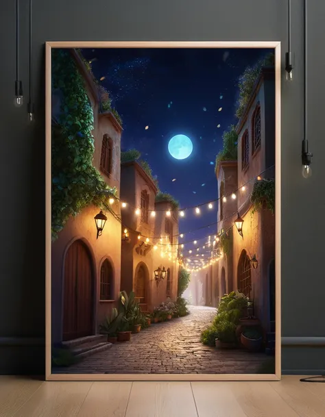 alley, picture of alley with many lights, city like illustration in a storybook, fantastic lighting, breathtaking, night, moonlight, beautiful, fairy tale environment, fantastic vibes, matte painting