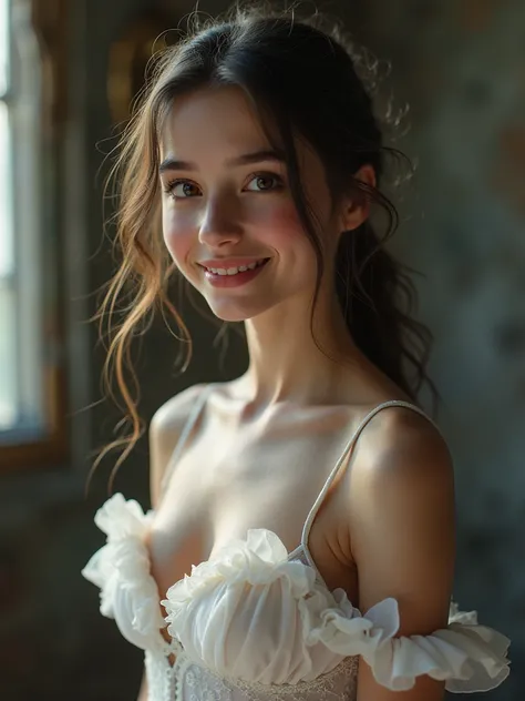 hot version of an erotic young teen ballerina with vampire teeth, cute smile, vampire teeth, nsfw, erotic, (Raw photo:1.2), (Photorealistic), Beautiful detailed girl, Very detailed eyes and face, Beautiful detailed eyes, Huge file size, High resolution, Ve...