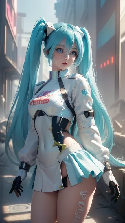 (la mejor calidad,a high resolution,ultra - detailed,actual), miku hatsune bikini white , ,(ruined alley tokyo cyberpunk dungeon...